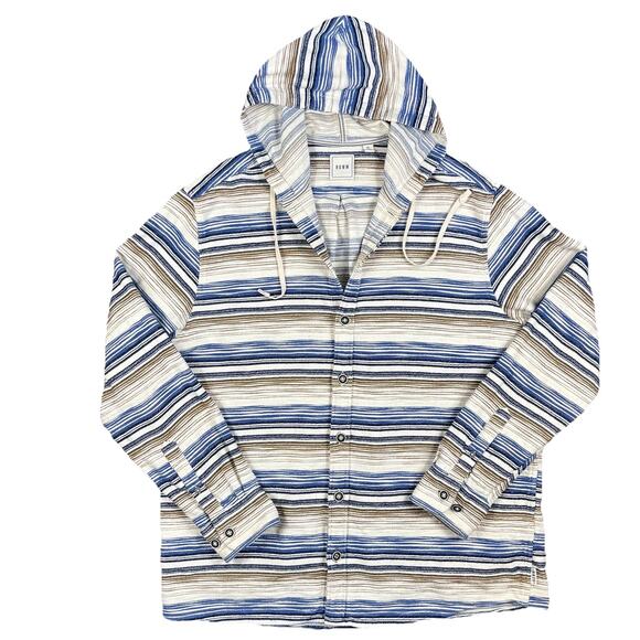 ROWM Mens 100% Cotton Hooded Shacket Shirt Jacket Size XL Cream Stripped Rugged - Picture 1 of 12